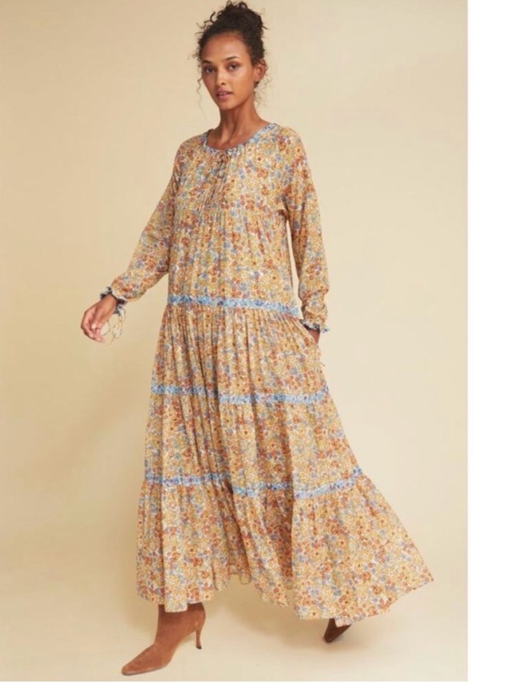 Warm Floral Tiered Maxi Dress in Mustard with Blue Trim